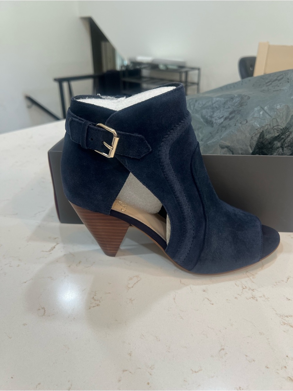 Vince Camuto Navy Suede Peep-Toe Heeled Bootie with Buckle